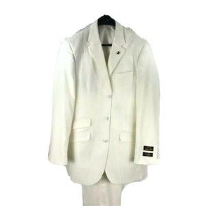 E.J. Samuel Men's White Looks Cream Suit 3 Piece Pleated Pant Pinstripe Size 38L